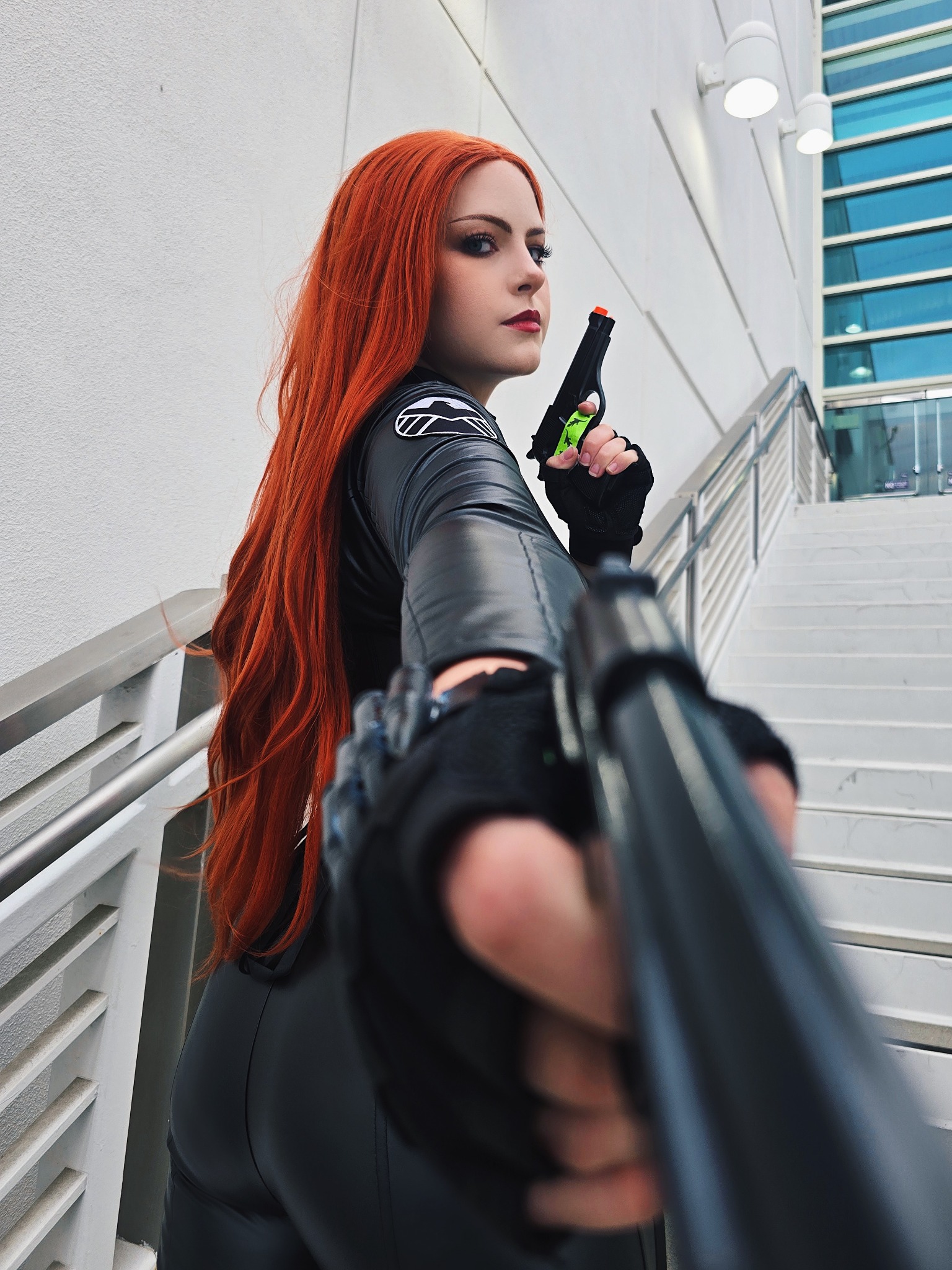 Charlie in a Black Widow cosplay